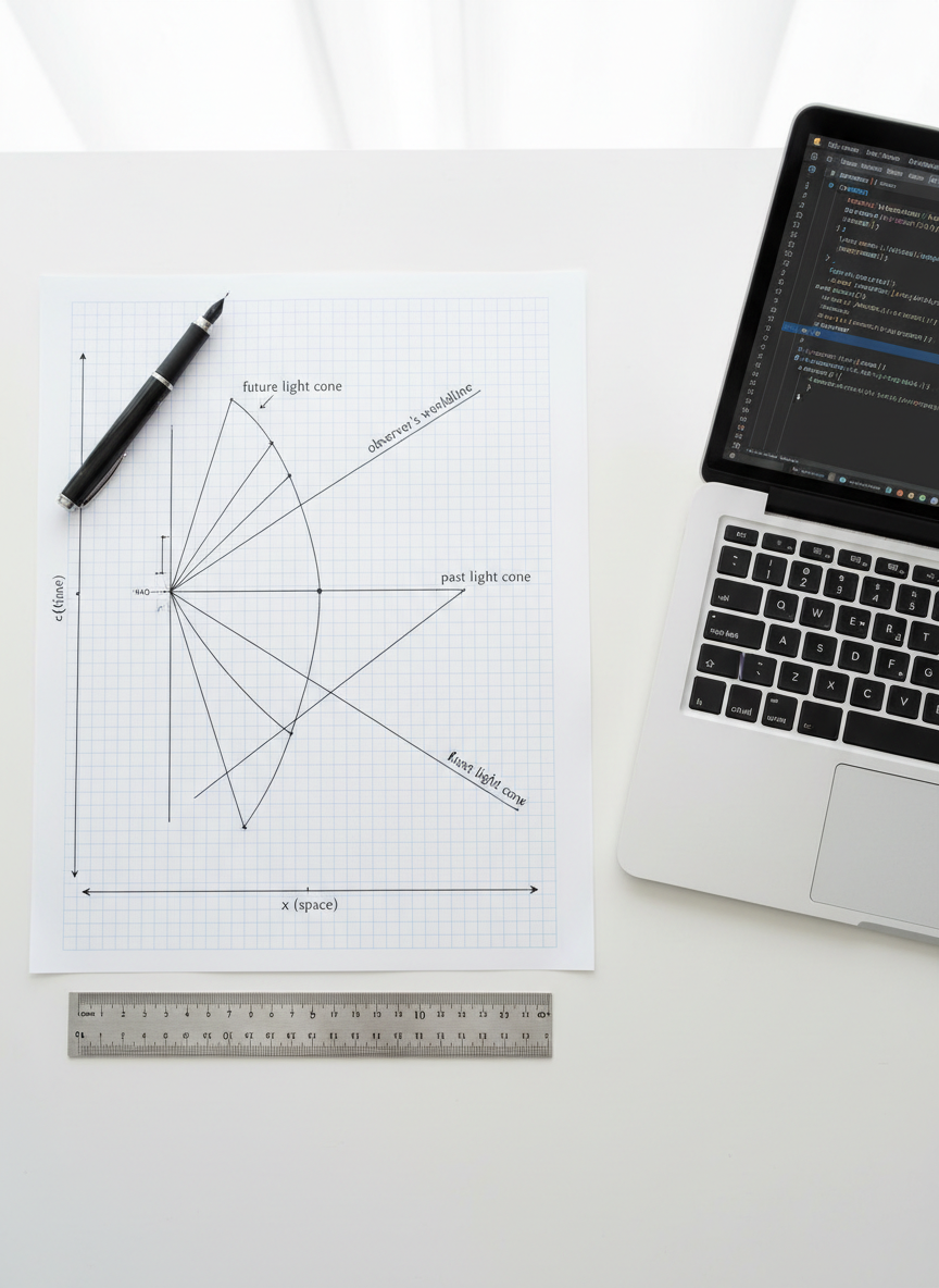 An overhead photographic view of a pristine white desk where a large sheet of graph paper is spread flat, covered in a carefully drawn spacetime diagram with worldlines, light cones, and annotated axes. Beside it lies an open laptop showing a minimalist code editor with clean, commented Python code simulating the diagram. A fine-tip black technical pen rests at a diagonal, and a small brushed-aluminum ruler lies parallel to the paper’s edge. Soft, diffused daylight from above eliminates harsh shadows, creating a calm, analytical mood. The composition uses strong geometric lines and negative space, emphasizing clarity, rigor, and the elegance of theoretical modeling for a professional blog illustration.