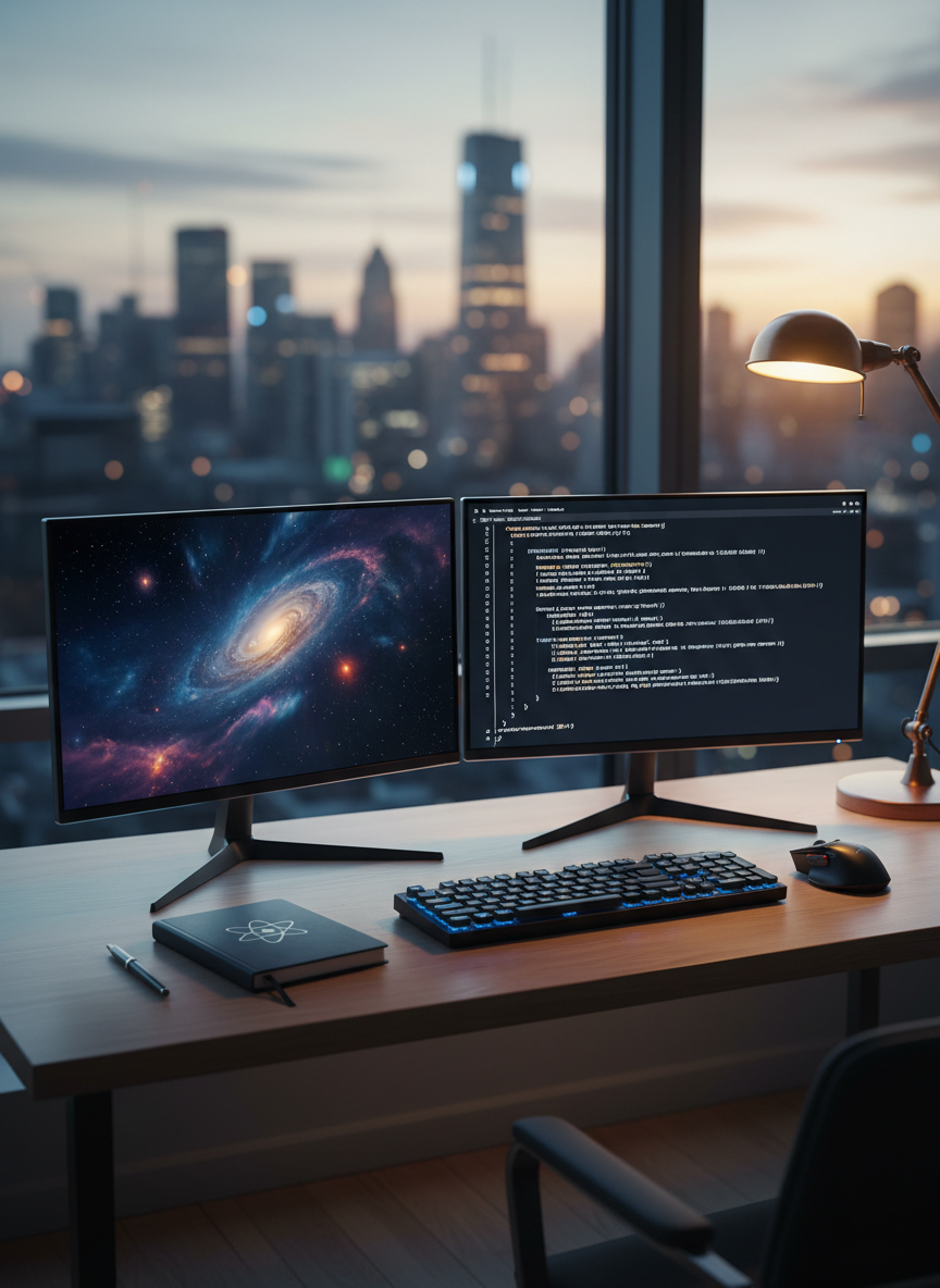 A meticulously organized dual-monitor workstation on a smooth light-wood desk, displaying a deep-space visualization on one screen and elegant pseudocode on the other. The monitors are ultra-thin with minimal bezels, surrounded by a compact mechanical keyboard, a matte-black mouse, and a closed notebook with a subtle atom symbol embossed on the cover. Behind the setup, a large window reveals a softly blurred cityscape at dusk. Cool, diffused blue light from the monitors illuminates the scene, contrasted by a warm desk lamp casting gentle shadows. Photographic realism from a slightly elevated angle, with shallow depth of field, creates a focused, professional mood that merges the worlds of computation and cosmology.
