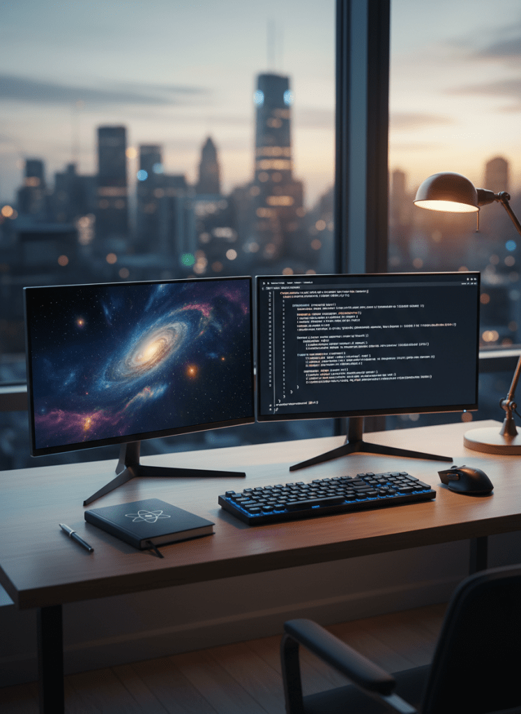 A meticulously organized dual-monitor workstation on a smooth light-wood desk, displaying a deep-space visualization on one screen and elegant pseudocode on the other. The monitors are ultra-thin with minimal bezels, surrounded by a compact mechanical keyboard, a matte-black mouse, and a closed notebook with a subtle atom symbol embossed on the cover. Behind the setup, a large window reveals a softly blurred cityscape at dusk. Cool, diffused blue light from the monitors illuminates the scene, contrasted by a warm desk lamp casting gentle shadows. Photographic realism from a slightly elevated angle, with shallow depth of field, creates a focused, professional mood that merges the worlds of computation and cosmology.