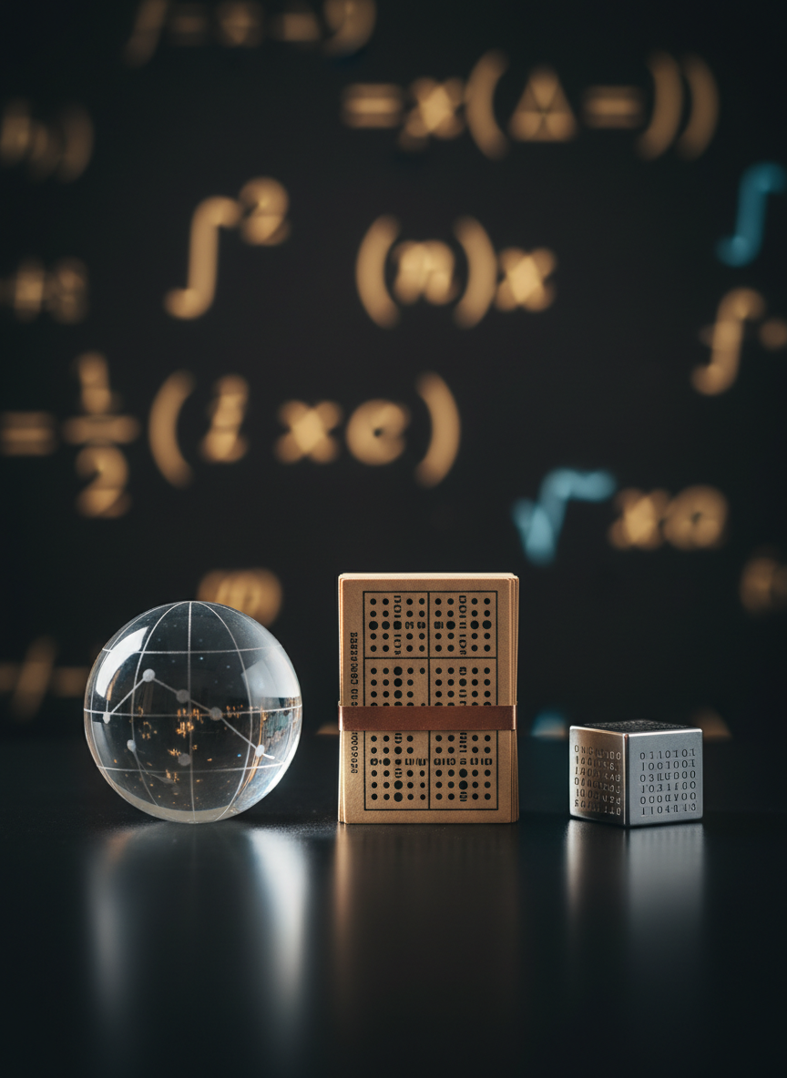 A close-up of a glossy black tabletop where three distinct objects form a conceptual still life: a transparent glass sphere etched faintly with constellations, a neatly stacked deck of perforated computer punch cards, and a small metallic cube engraved with binary digits. The background fades into a soft bokeh of blurred mathematical symbols glowing faintly on a dark wall. Subtle, directional studio lighting from the left creates crisp reflections on the glass sphere and gentle highlights along the cube’s edges. Photographic realism with a shallow depth of field centers the objects in a balanced composition, generating a refined, intellectual atmosphere that hints at the intersection of physics, computation, and history.