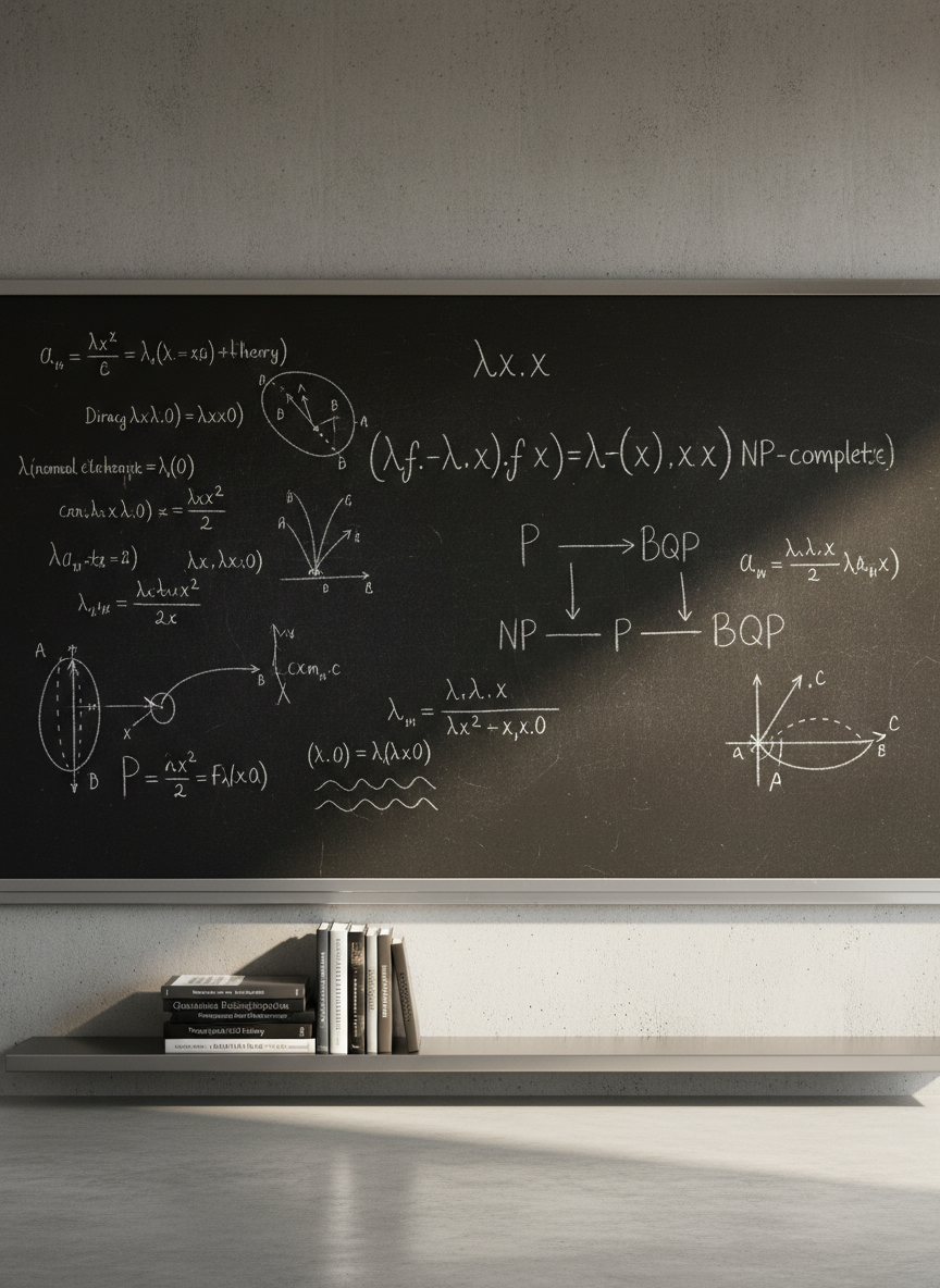 A sleek obsidian-black chalkboard densely filled with precise white equations from quantum field theory and computer science, including Feynman diagrams, lambda calculus symbols, and complexity class notations. The chalkboard stretches across a minimalist concrete wall in a modern, high-tech study. A polished metal shelf below holds neatly stacked textbooks with subtle titles about theoretical physics and algorithms. Soft morning sunlight from an unseen window grazes the board at an angle, creating gentle highlights on the chalk dust and a faint reflection on the floor. Photographic realism, shot at eye level with a moderate depth of field, conveys a calm, contemplative atmosphere and a clean, professional aesthetic suitable for a serious yet inspiring technical blog header.
